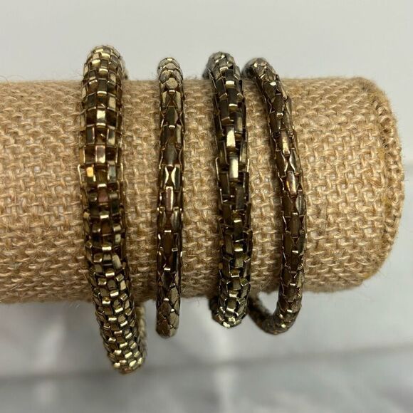 Set Of 4 Stack Metal Mesh Snake Chain Stretch Bracelet Gold-tone Multi Sizes - Picture 2 of 3